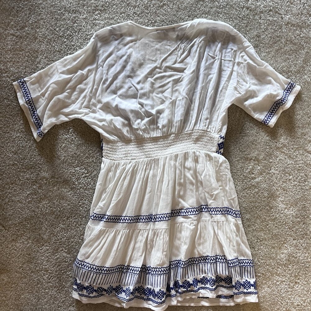 Lulus Gone to Greece White Embroidered Short Sleeve V-Neck Mini Dress, L - Picture 6 of 9